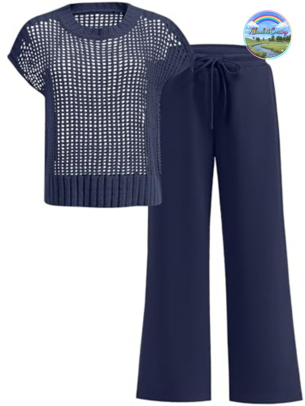 Crochet Knit Two Piece Lounge Set Women Short Sleeve Sheer